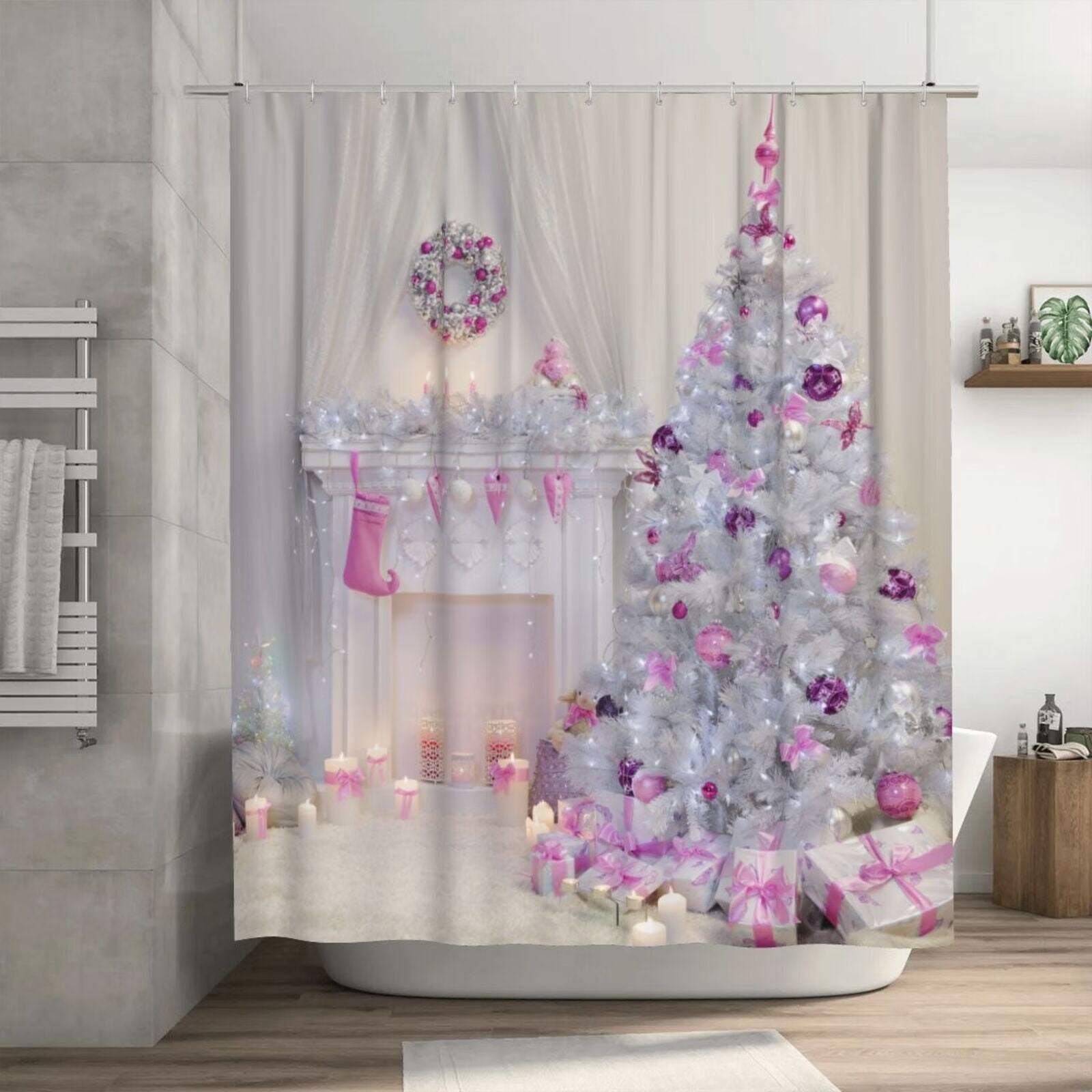  Pink Christmas Tree Small Stall Shower Curtains Set with 9  Hooks-36 x 78 Inch Waterproof Bath Curtains, Pink Xmas Tree Winter  Snowflake Rustic Privacy Curtain Panel Bathroom Accessories for Bathtub 