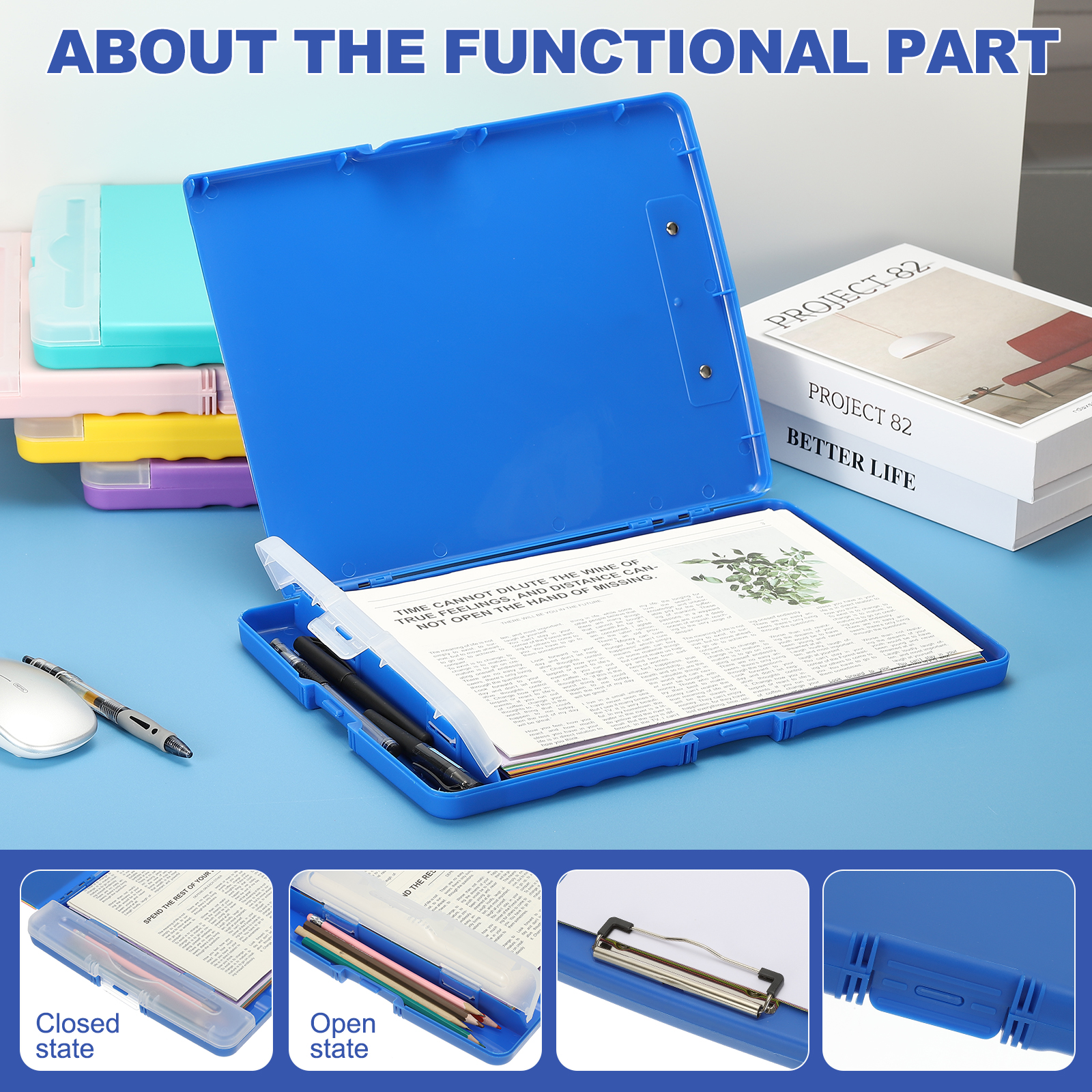 Uxcell 14'' x 10'' Metal Clipboard with Plastic Storage Large Capacity Clipboards Case for Writing Dark Blue