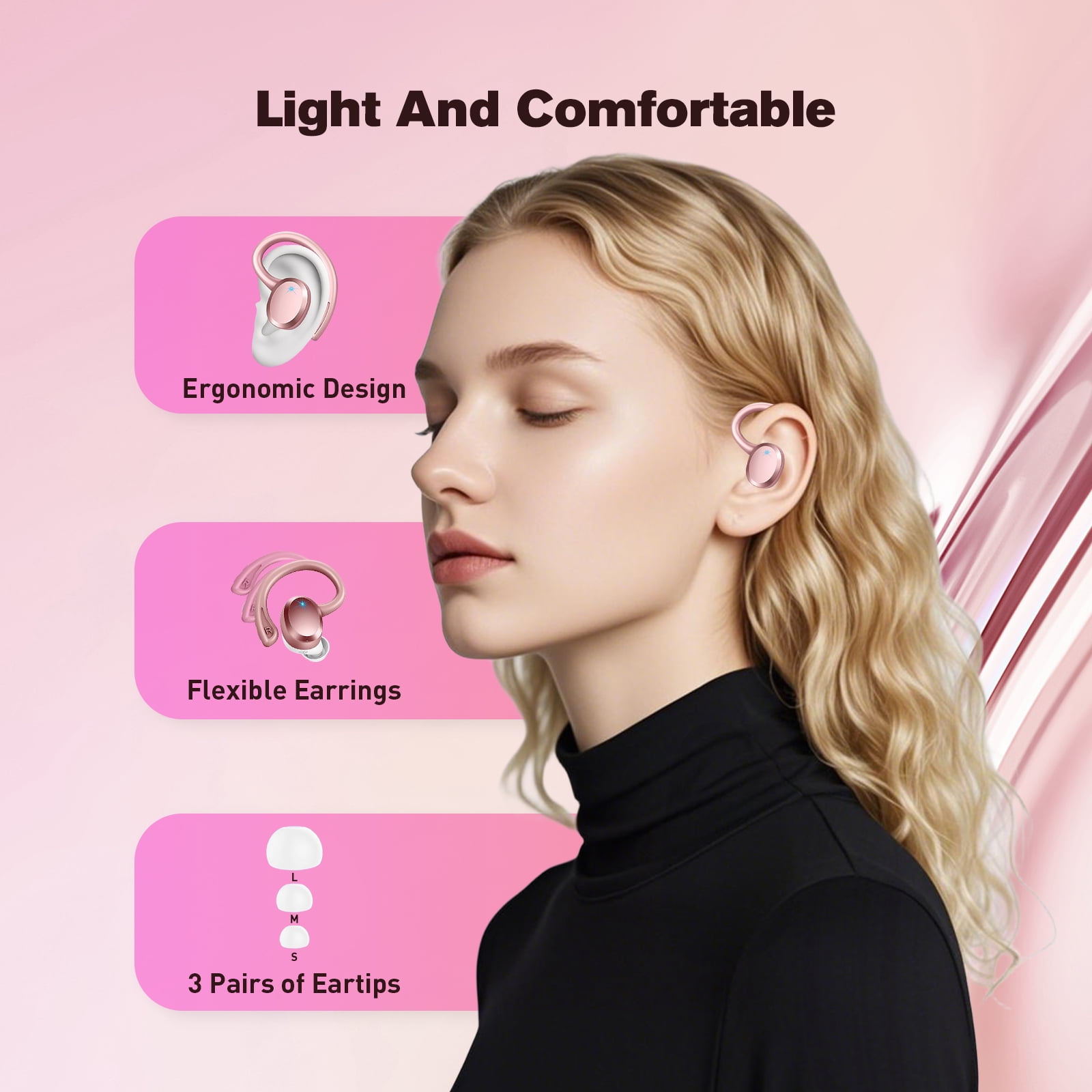 Wireless Earbuds Bluetooth Headphones - ETEPPEHI Bluetooth 5.3 Stereo Ear Buds with Earhooks, ENC Noise Cancelling Mic, IP7 Waterproof Earphone for Workout/Running, Pink