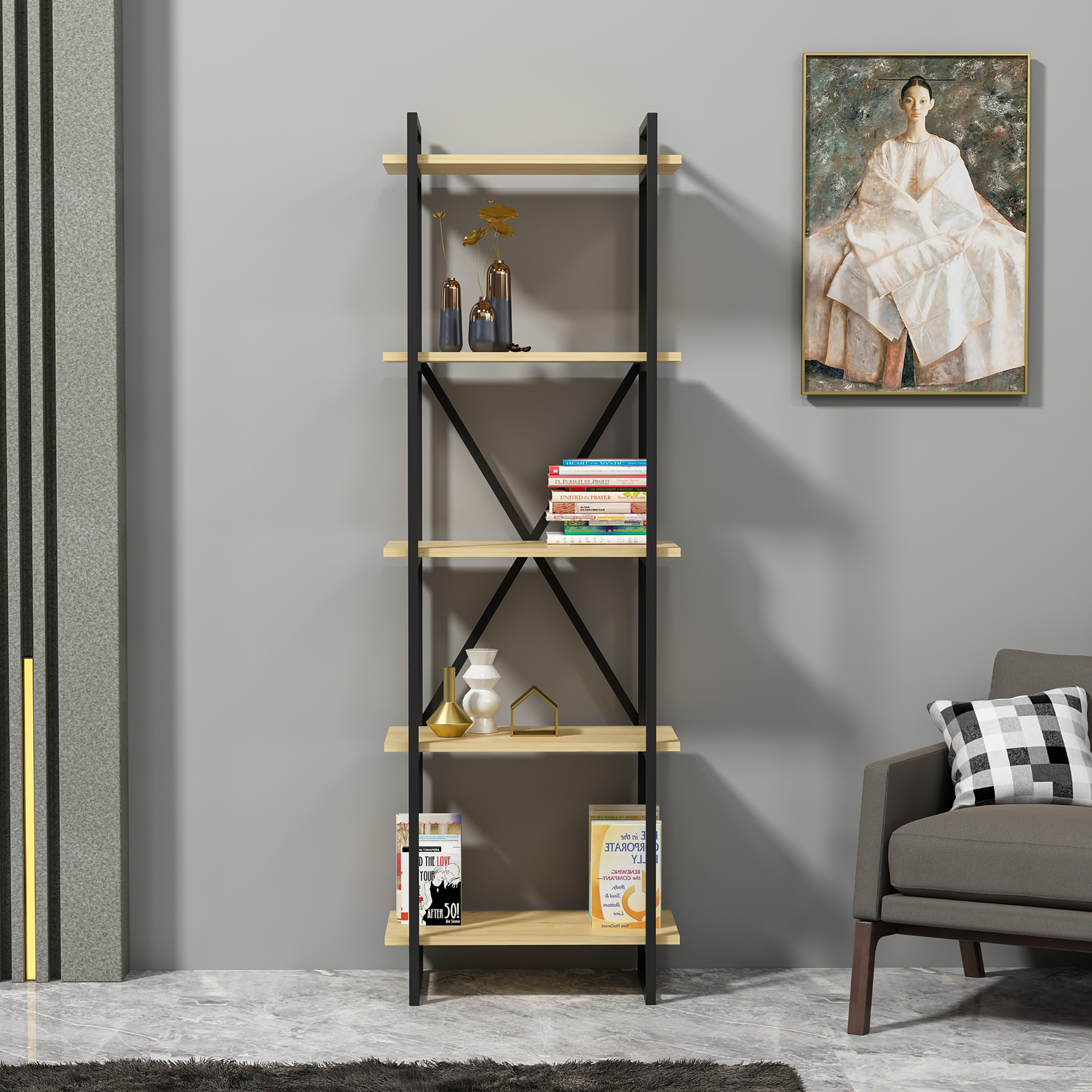 Ada Home Decor Elston 4 Tier Bookcase, Oak/Black