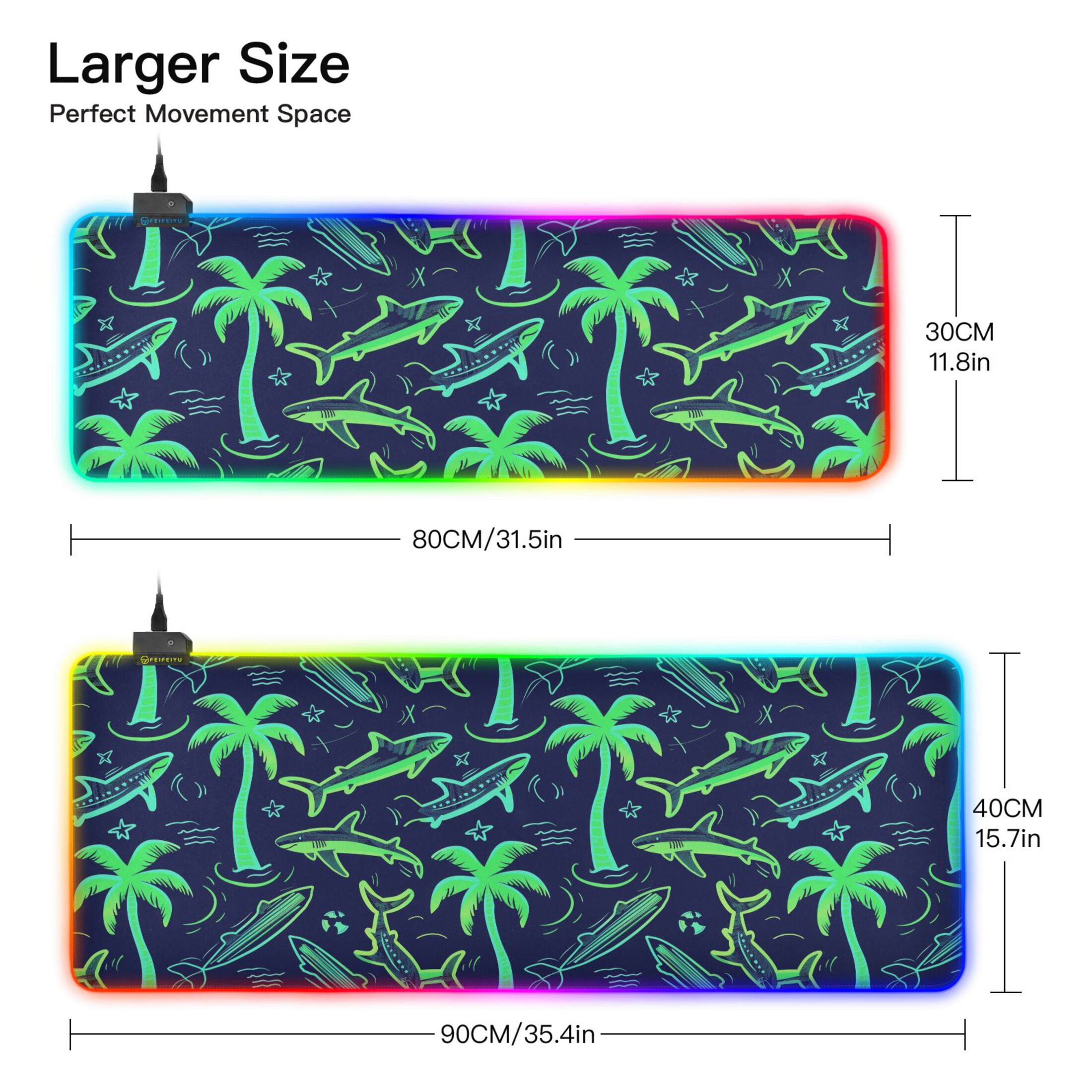 Large RGB Gaming Mouse Pad Led Glowing Mousepad Non-Slip Rubber Base 13 Light Modes 31.5x11.8 Neon Green Shark and Palm Trees