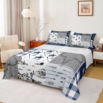 Homewish Tribal Sheep Skeleton Queen Sheet Sets, Grey Navy Buffalo Flat Sheet, Rustic Western Hunting Queen Fitted Sheet, Microfiber Bedroom Decor, 4pcs