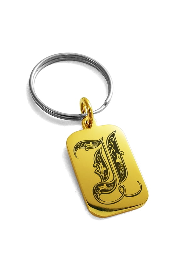 Stainless Steel Letter I Initial Royal Monogram Engraved Small Rectangle Dog Tag Charm Keychain Keyring