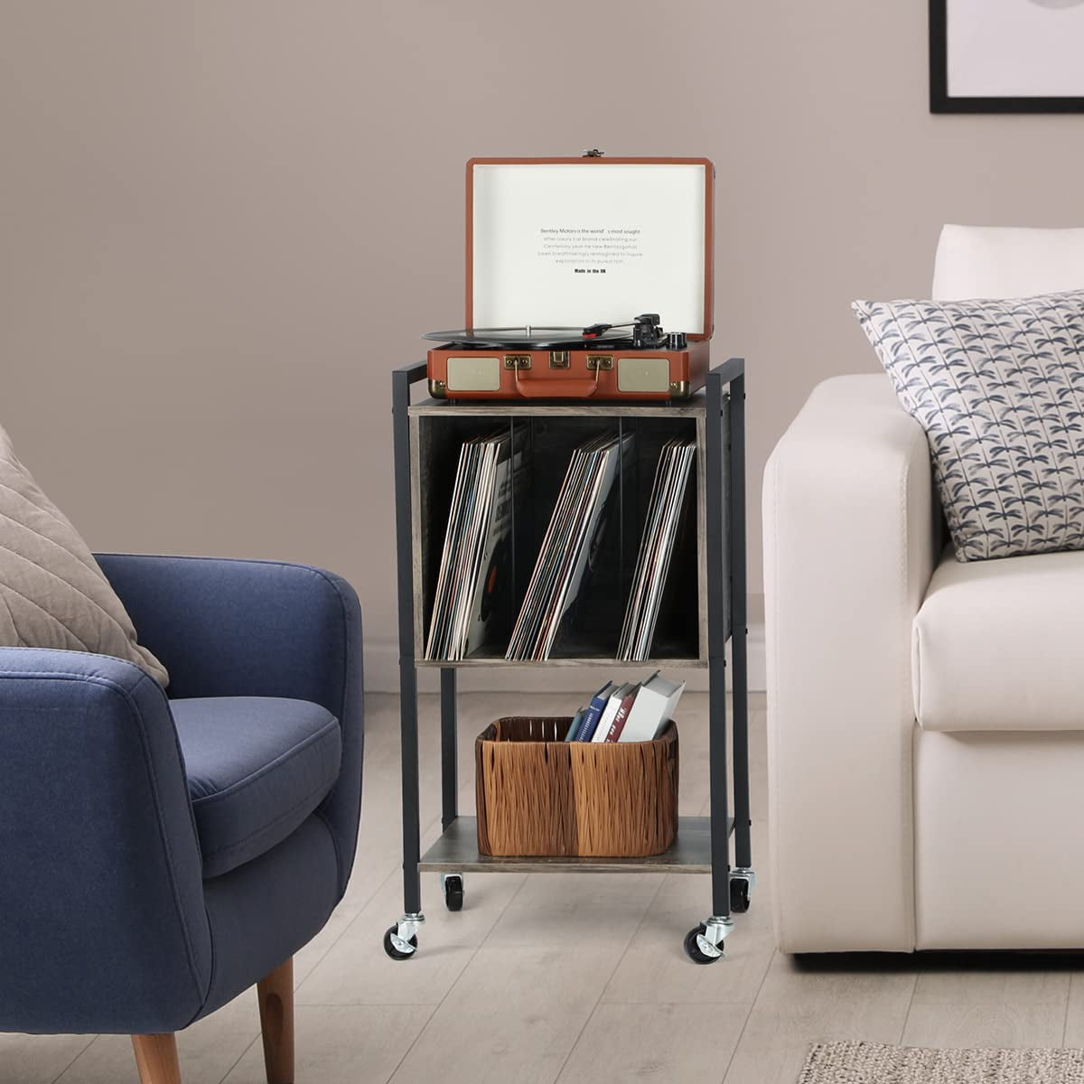 Record Player Stand End Table with Vinyl Record Storage Holder, Gray