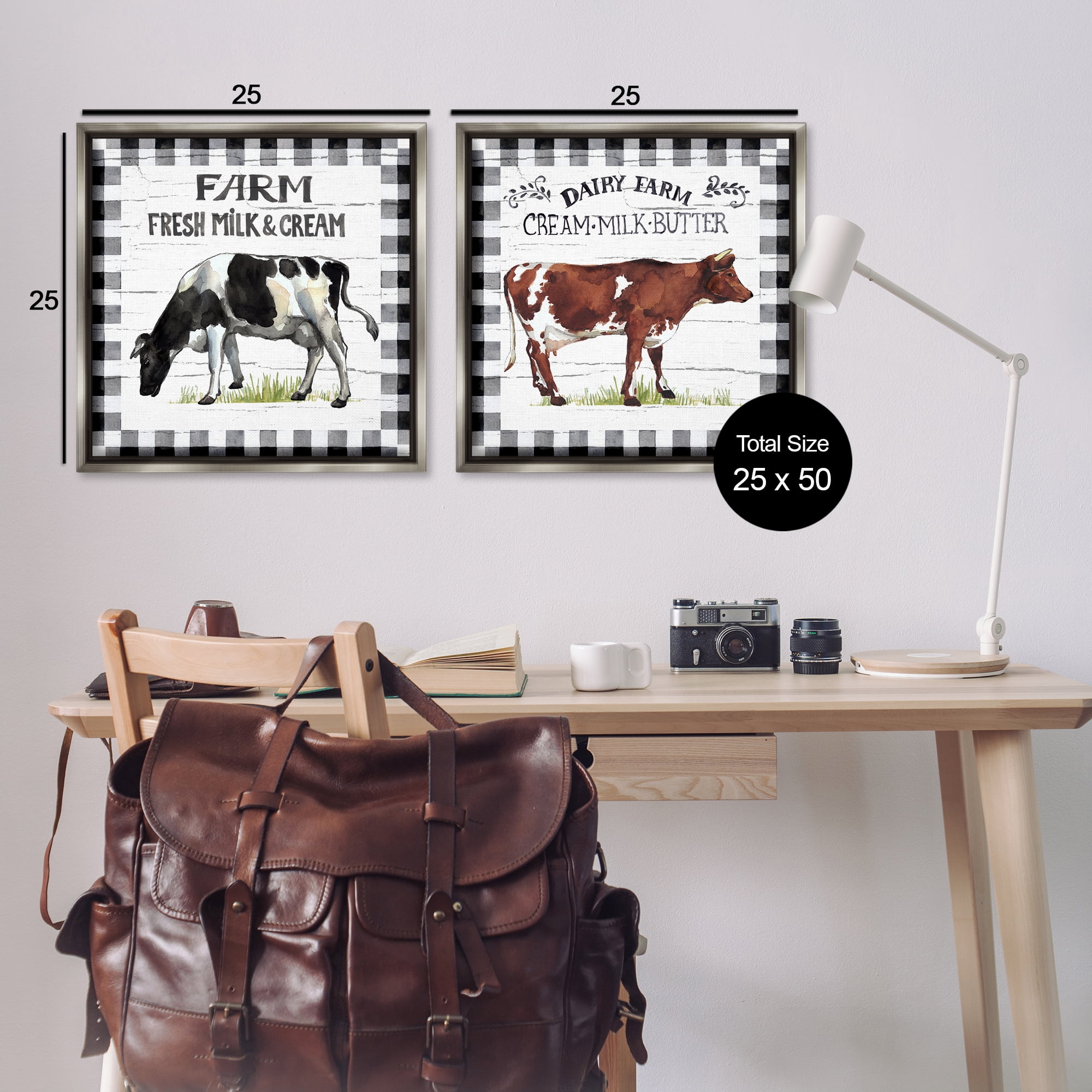 Stupell Industries Spring Farm Dairy Cows Animals Painting Gray Floater Framed Canvas Art Print Wall Art, 25 x 25, Set of 2