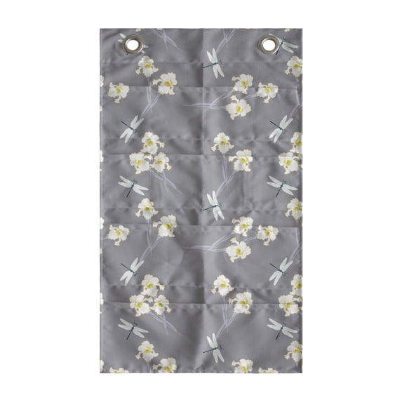 Flowers Insects Hanging Pocket Organizer, Spring Art Iris Flowers and Dragonflies on Greyscale Background, Printed Polyester Storage Bag with Pockets, 21" x 31", Grey Yellow and White