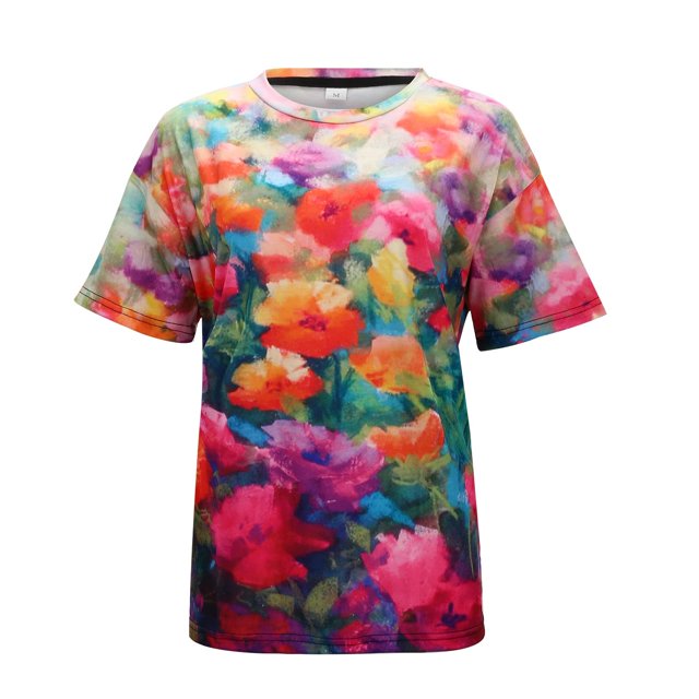 Gibobby Playera Manga Corta para Mujer Camiseta informal manga corta con estampado flores para mujer, Camiseta ajustada con cuello redondo, camisetas, blu(Rosa caliente,G)