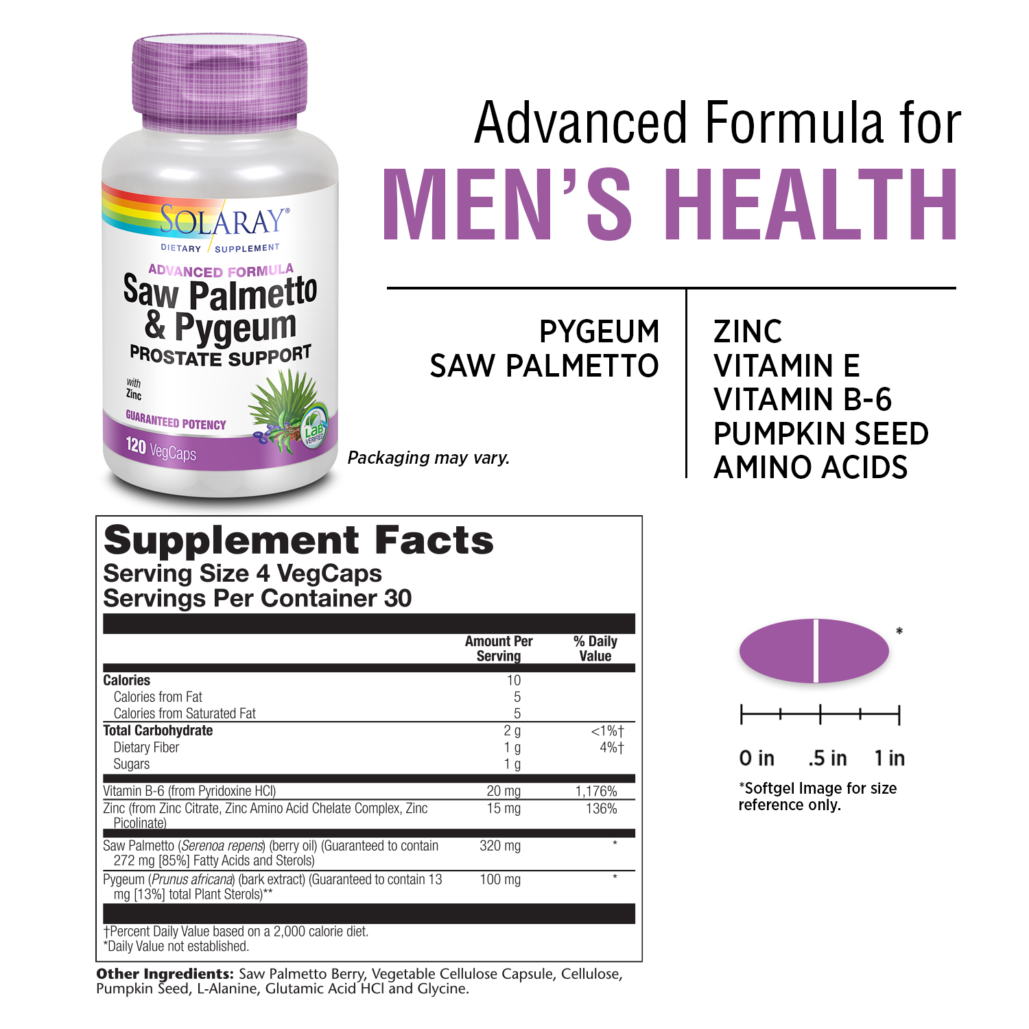 Solaray Pygeum and Saw Palmetto Berry Extracts | Mens Health & Prostate Function Support | Zinc, B-6, Pumpkin Seed & Amino Acids | 120 VegCaps
