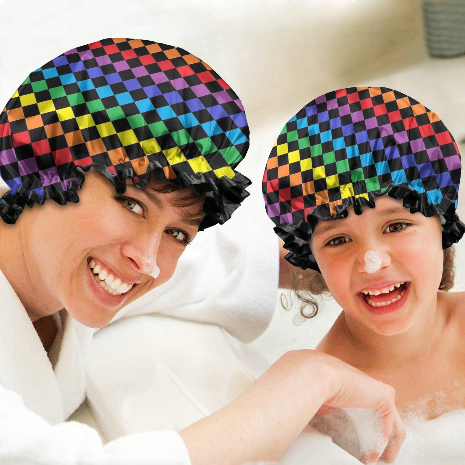 Shower Caps,Colorful Rainbow Checkered Pattern Waterproof Shower Cap for Women 4 Pieces,Double Reusable Hair Cover for Shower PEVA Elastic Stretch Hem