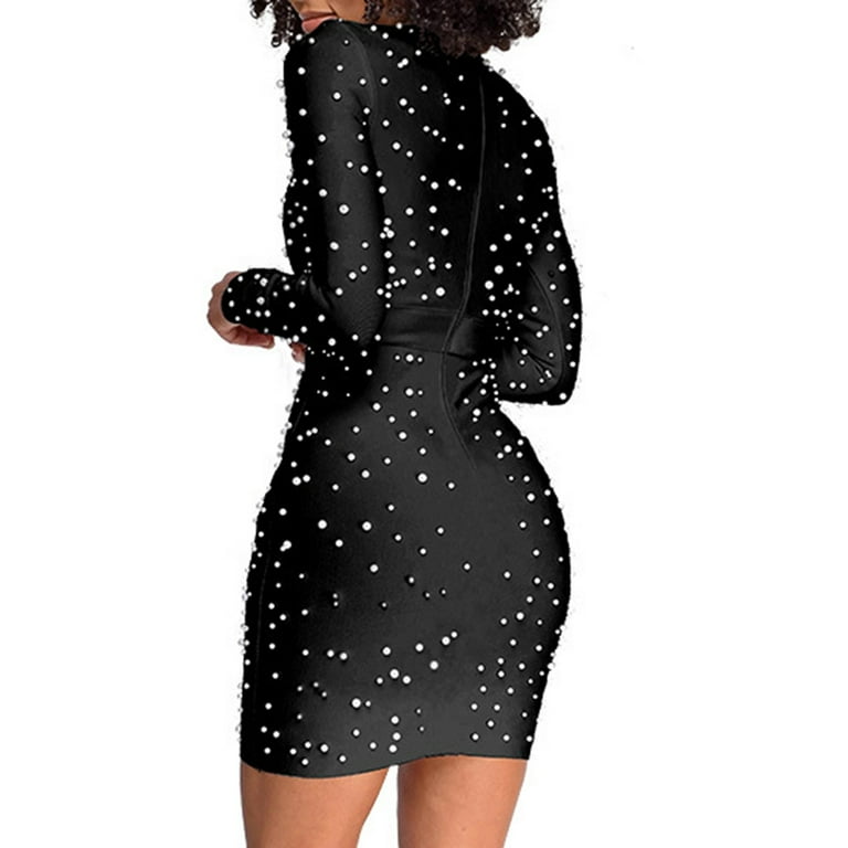 oh polly black mini dress long sleeve Embellished Long-Sleeve Draped Mini Dress in Black - 14