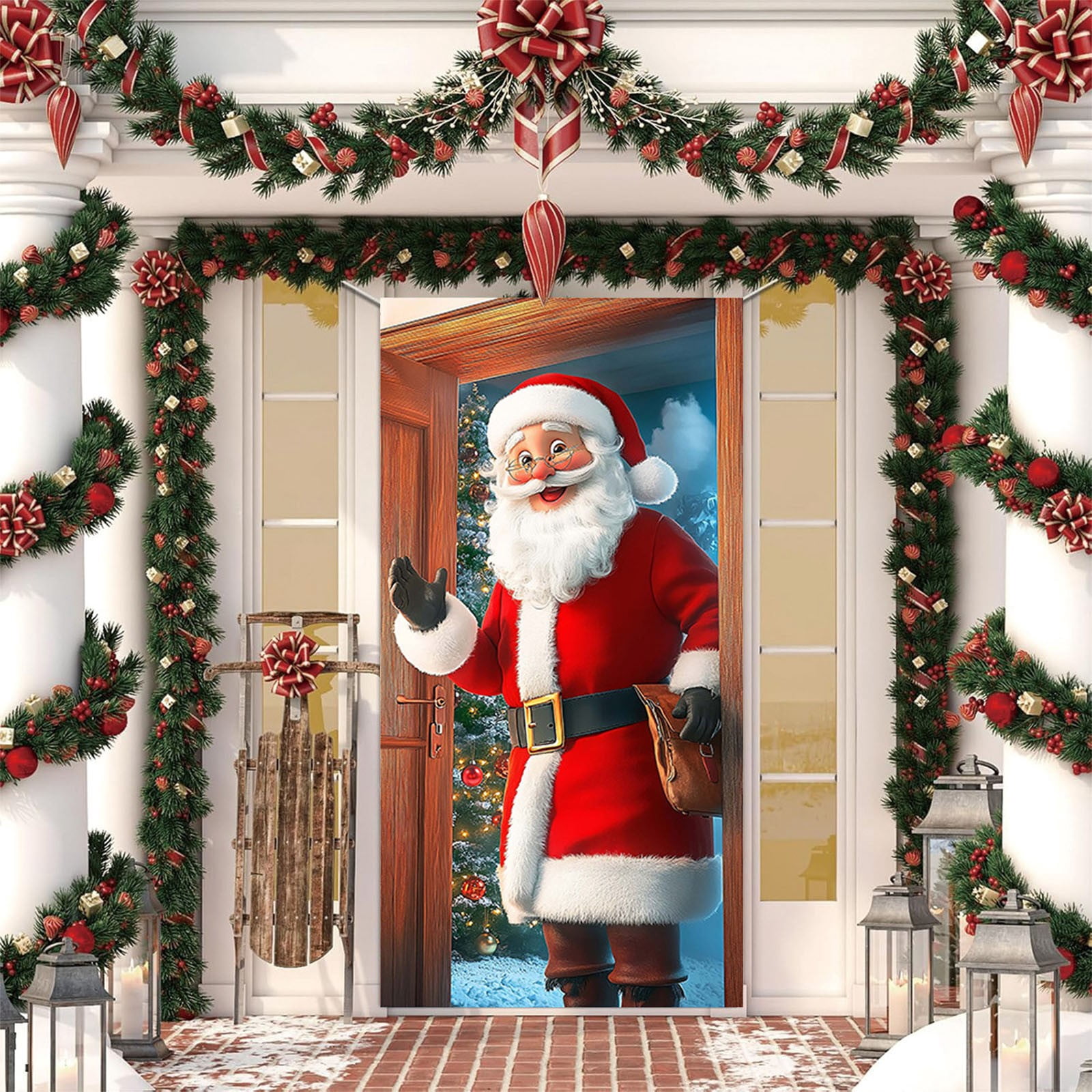 Housse De Porte Élastique Noël 2024 – Tissu Polyester Festif – Décoration Intérieure & Extérieure Sapin & Père Noël – Facile à Installer
