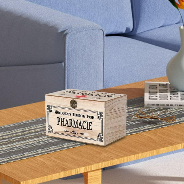Caja de madera para guardar primeros auxilios con estampado francés, práctica caja organizadora multifuncional para uso familiar.