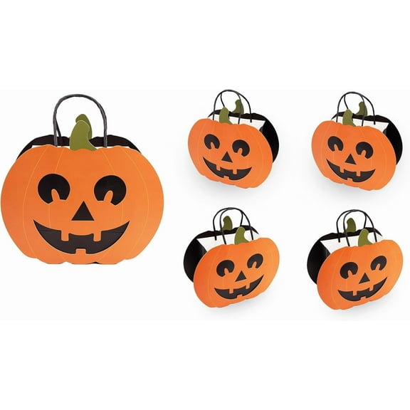 Cheerland 4 Pcs Halloween Pumpkin Gift Bags Spooky Face Shaped Trick or Treat Tote Candy Goodie Bag Small with Handle