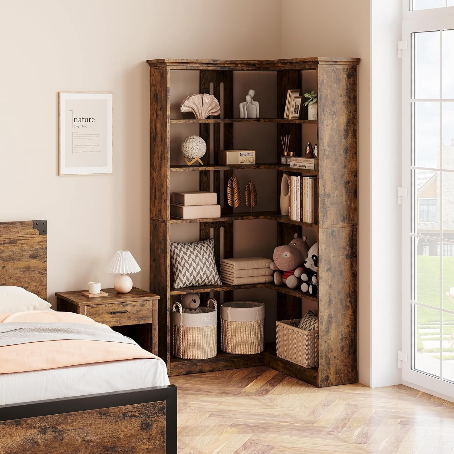 NEILA Farmhouse Corner Bookshelf – 72.8” Tall L-Shaped Bookcase with 5 Tiers, Wood Display Rack for Office and Bedroom, Half Panel Design in Brown