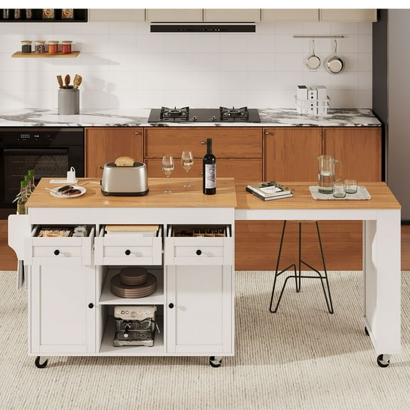 YIYADO 85.5" Kitchen Island with Extendable Dining Table, Kitchen Storage Table with 3 Side Open Shelves, Rolling Kitchen Island with Power Outlet, 3 Drawers, 2 Doors,White
