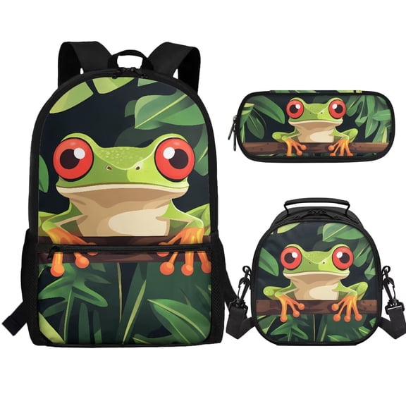 Jeiento Tree Frog Backpack for School Boys Elementary School Bag and Lunch Bag Set Pencil Case 3 In 1 Bookbag Preschool Middle School Back Packs Kids Child Girls Satchel Daypack
