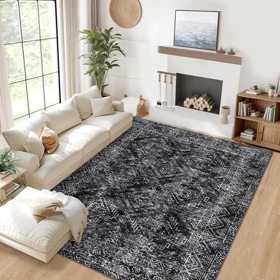 8x10 Washable Black Area Rug - Non-Slip Geometric Tribal for Living Room