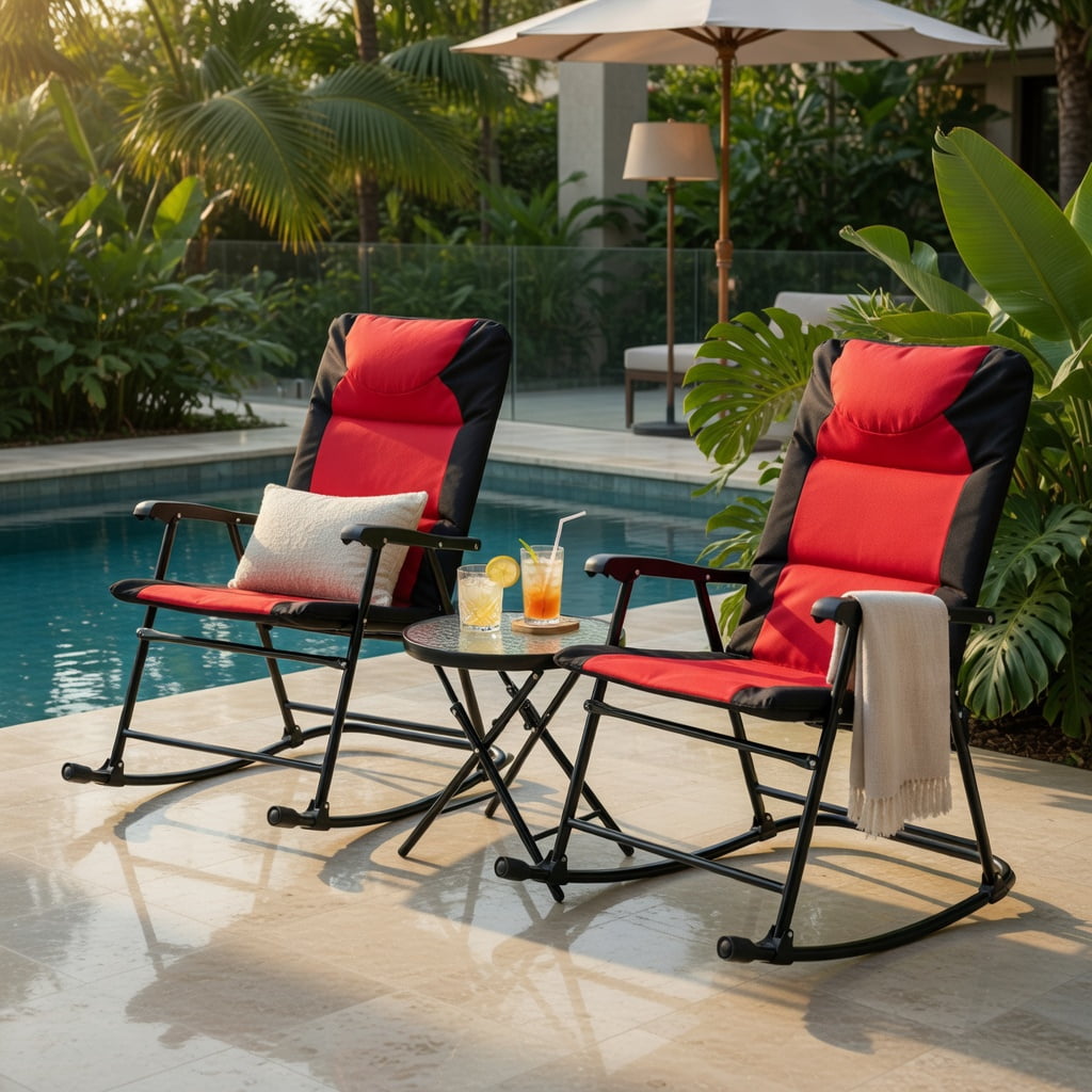 Hommoo 3-Piece Outdoor Folding Rocking Chair & Table Set with Cushions, Steel Frame, Tempered Glass Table, Portable Patio Furniture for Deck, Backyard, Camping, Red