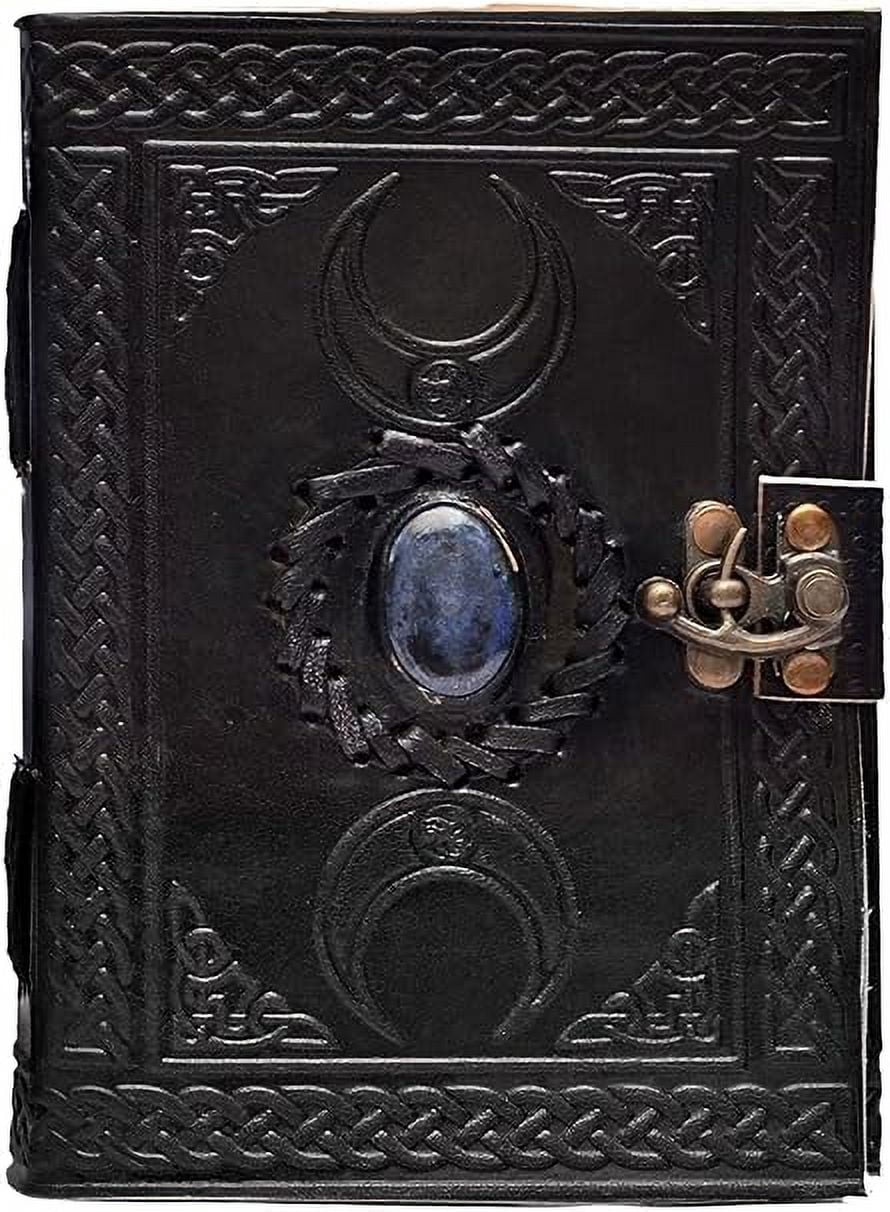 RUZIOON 3 Moon Blue Lapiz Embossed Vintage Leather Journal | 240 Pages of Antique Handmade Deckle Edge Vintage Paper, Leather Sketchbook, Drawing Journal, Great Gift (6 inch by 8 inch, black)