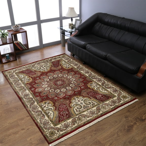 Rugsotic Carpets Hand Knotted Isfahan, Oriental Wool Floor Area Rug For Living Room Bedroom, Red, 4'x6'