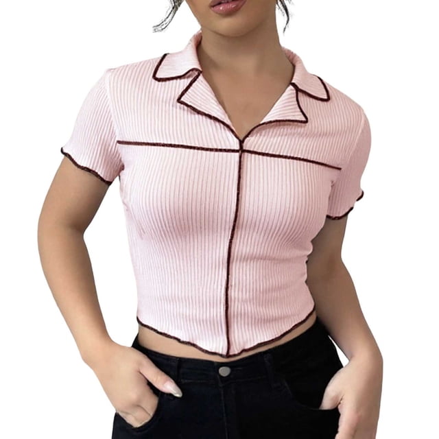 QHFBli Women Knit Crop Polo Shirts,Summer Short Sleeve Ribbed Collared T-Shirt Solid Fitted V Neck Tops