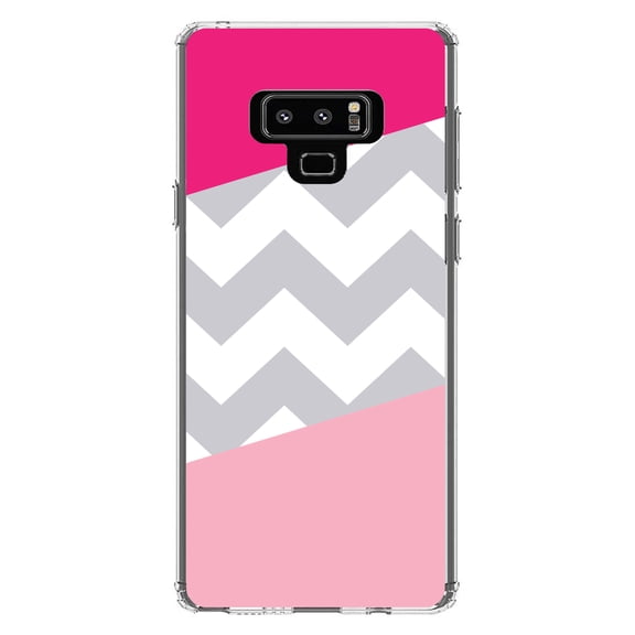 DistinctInk Clear Shockproof Hybrid Case for Samsung Galaxy Note 9 - TPU Bumper, Acrylic Back, Tempered Glass Screen Protector - Hot Pink Block Grey Chevron - Stripes Pattern