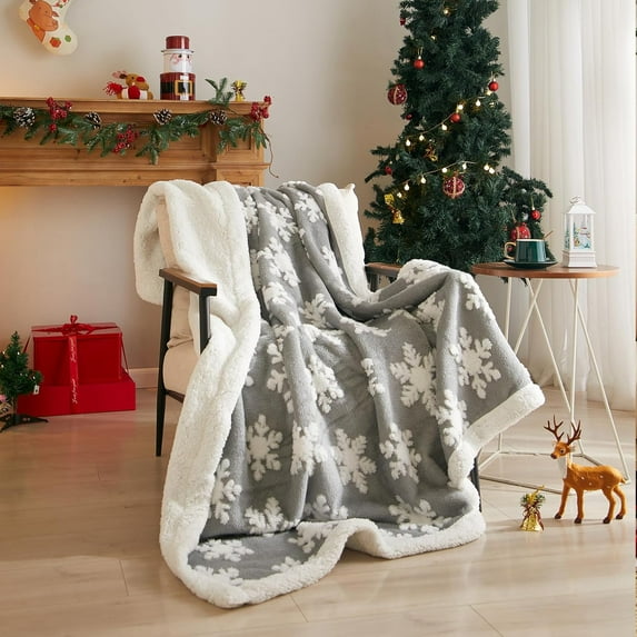 Christmas Throw Blanket - Grey Snowflake Design Soft Flannel & Cozy Fleece Blanket for Couch Bed - Sherpa Plush Winter Blanket for Women Girls Christmas Decor, 50x60 Inches