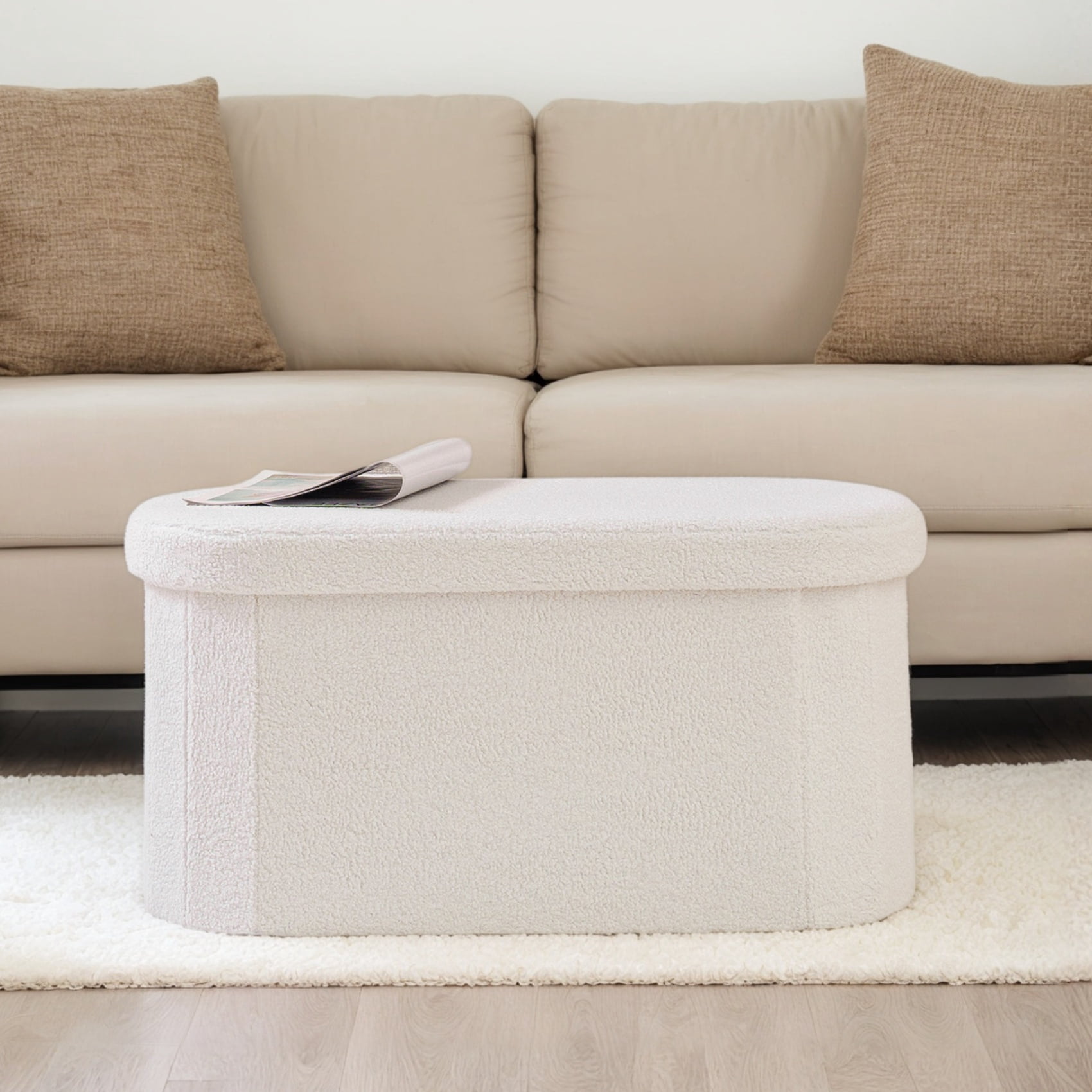 PINPLUS Storage Ottoman Bench Tufted Oval Ottoman Bench Foot Rest Velvet Bench with Storage 30" White