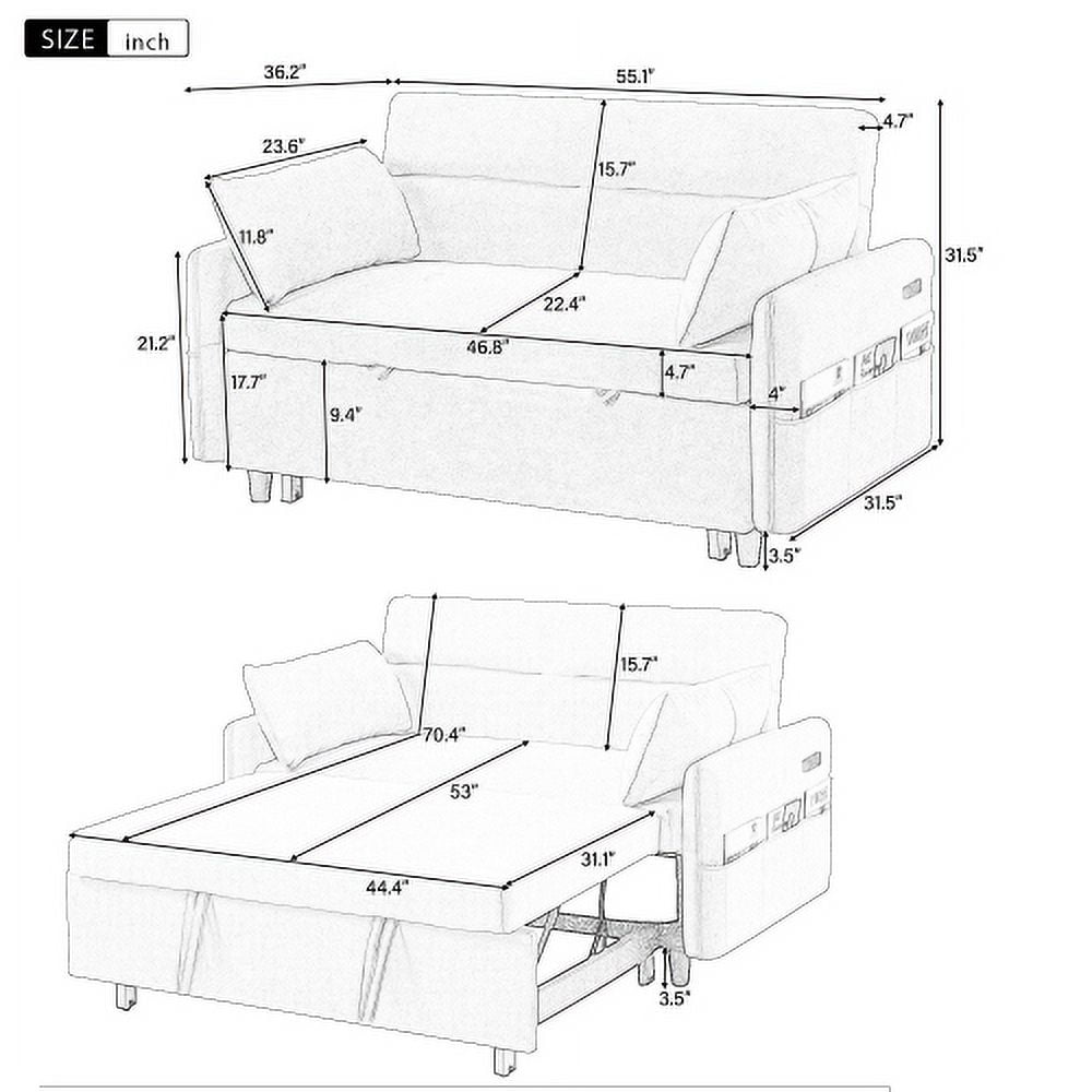 Leumius 2 Seat Sofa Couch with Pull Out Sleep Sofa Bed, Modern Loveseats with USB Ports, Beige