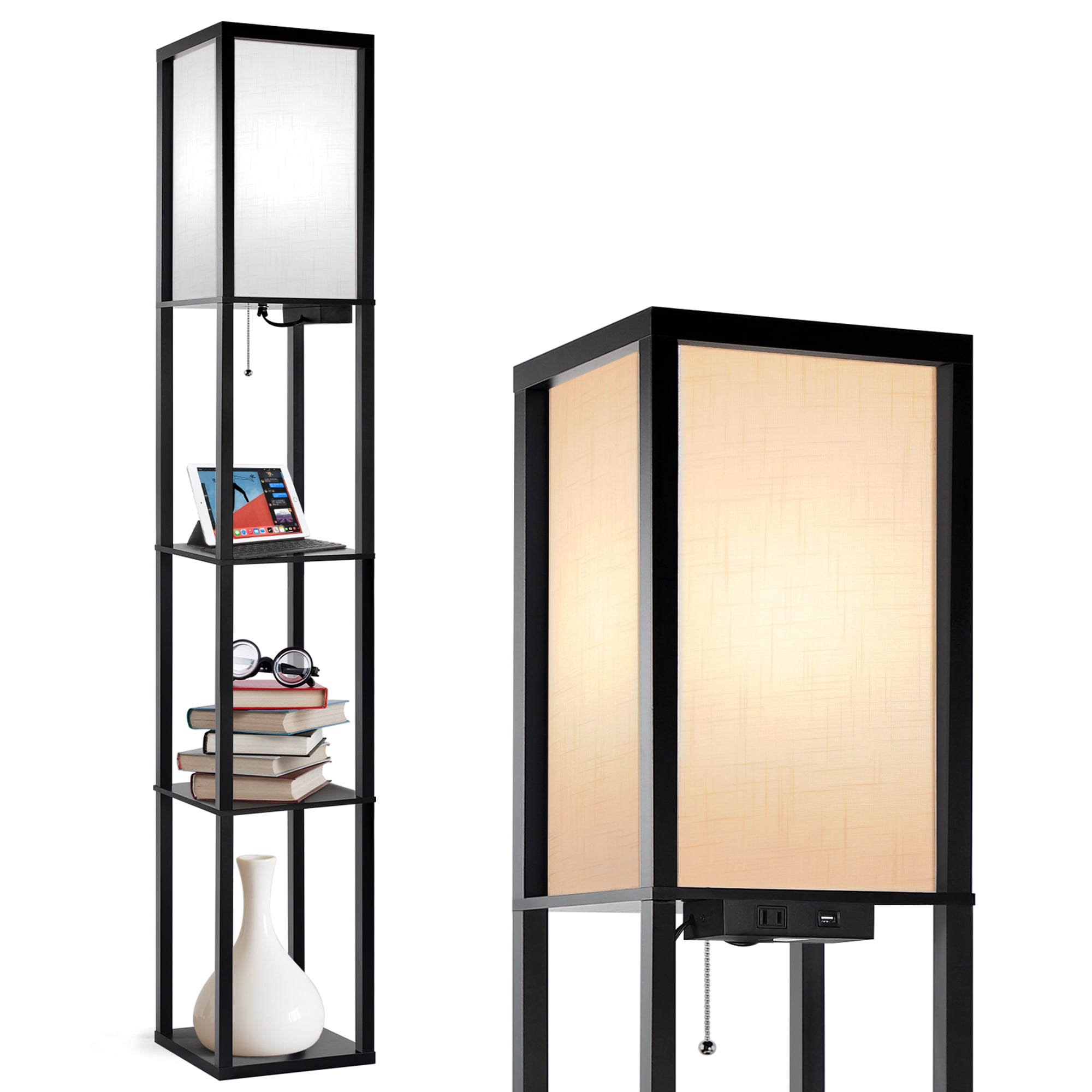 Outon Floor Lamp with Shelves, USB Port, Linen Shade 63.7'' Tall LED