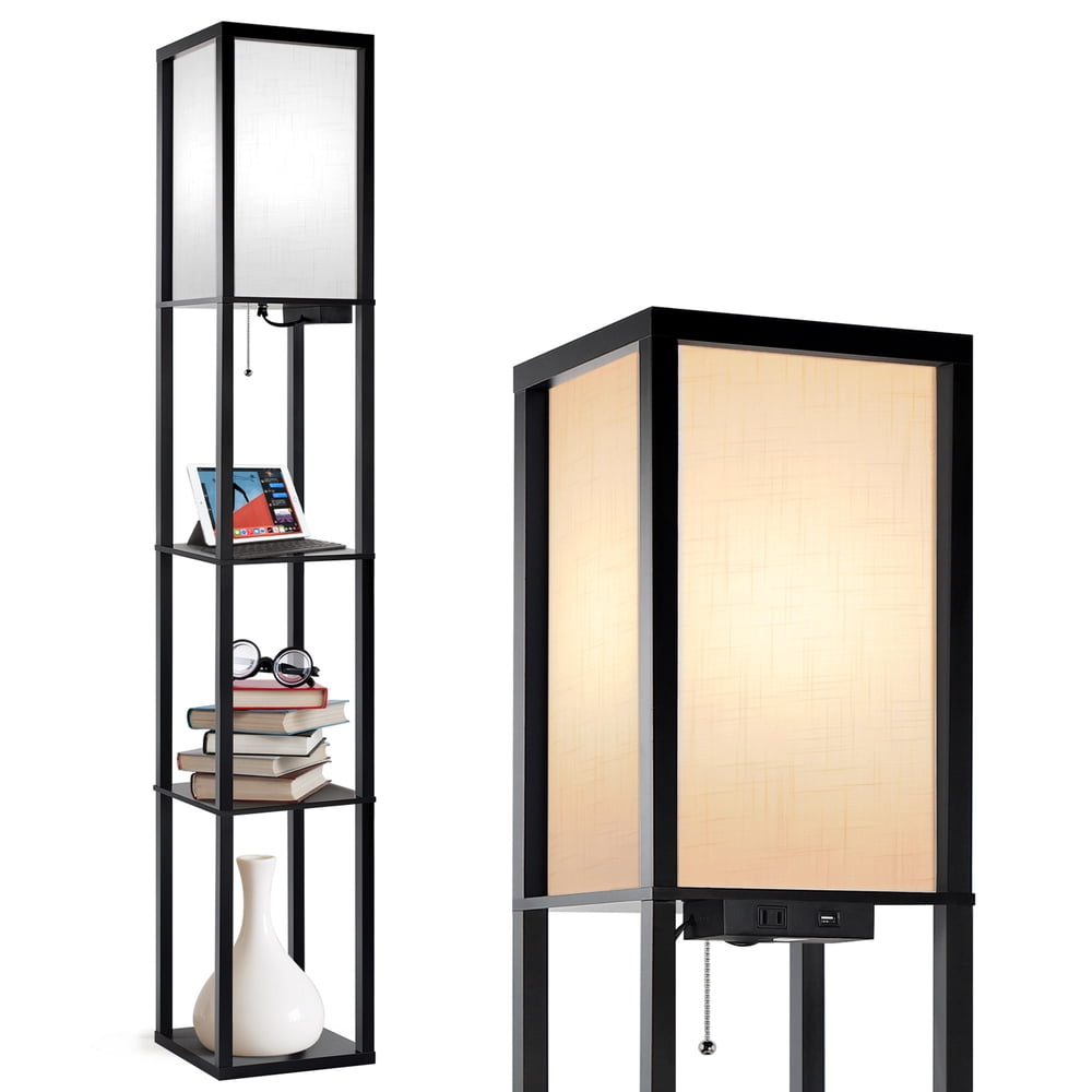 Outon Floor Lamp with Shelves, USB Port, Linen Shade 63.7'' Tall LED