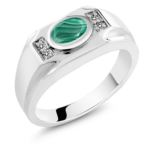 Gem Stone King Men's 925 Sterling Silver Green Malachite and White Diamond Ring (2.13 Cttw, Gemstone Birthstone, Oval 8X6MM,, Size 8)