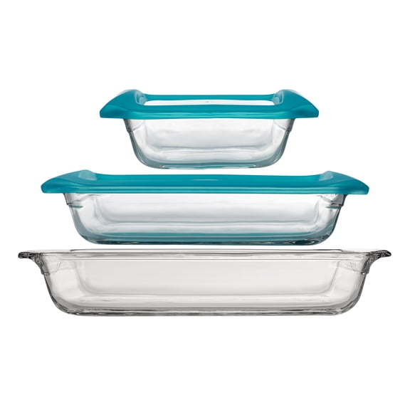 Libbey Baker’s Premium 5 Piece Glass Bakeware Set, Includes 10x14, 9x13 with Lid, and 8x8 with Lid, Stackable with GreatGrip™ Handles