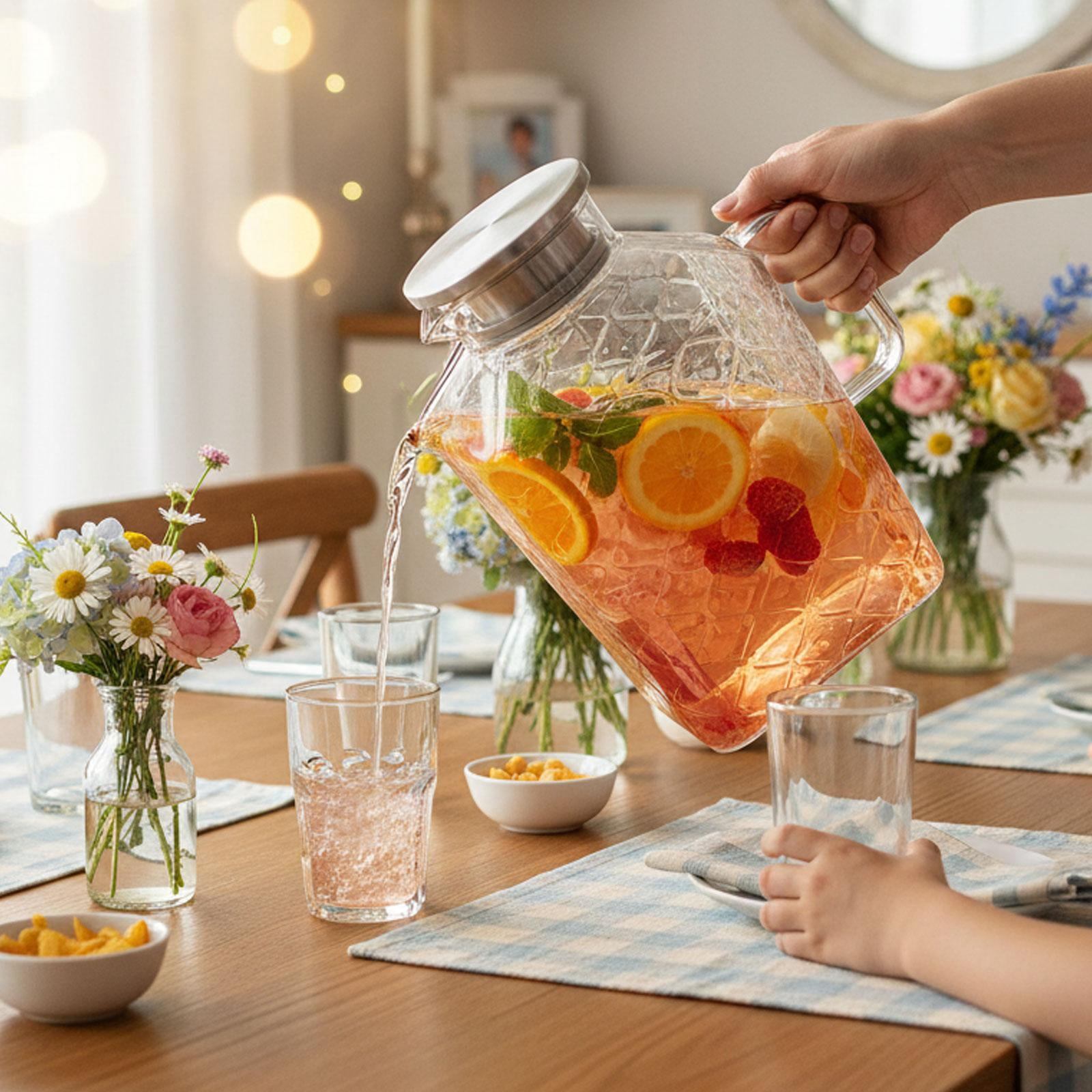 Fiocias Glass Pitcher Kettle Container Housewarming Gifts Clear Body Accessory Water Juice Jug for Lemonade Beverage Juice Silver Handle