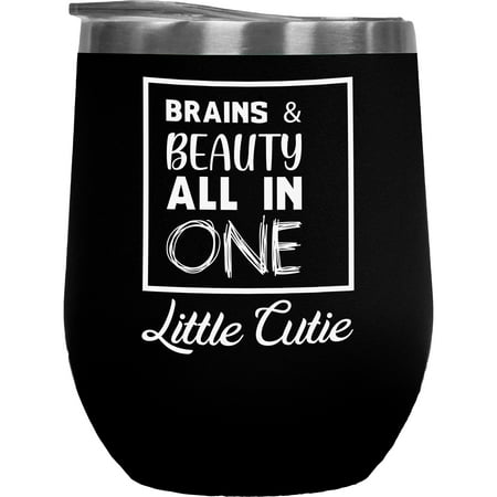 

Brains & Beauty All in One Little Cutie Beauty Themed Merch Gift for Makeup Artist or Lovers Cosmetologists & Beauticians Black 12oz Insulated Wine Tumbler