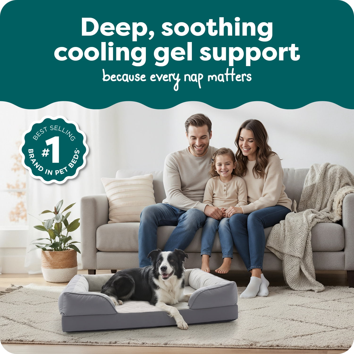 FurHaven Velvet Waves Perfect Comfort Cooling Gel-Top Sofa Pet Bed, Granite Gray, Medium, 1 Count
