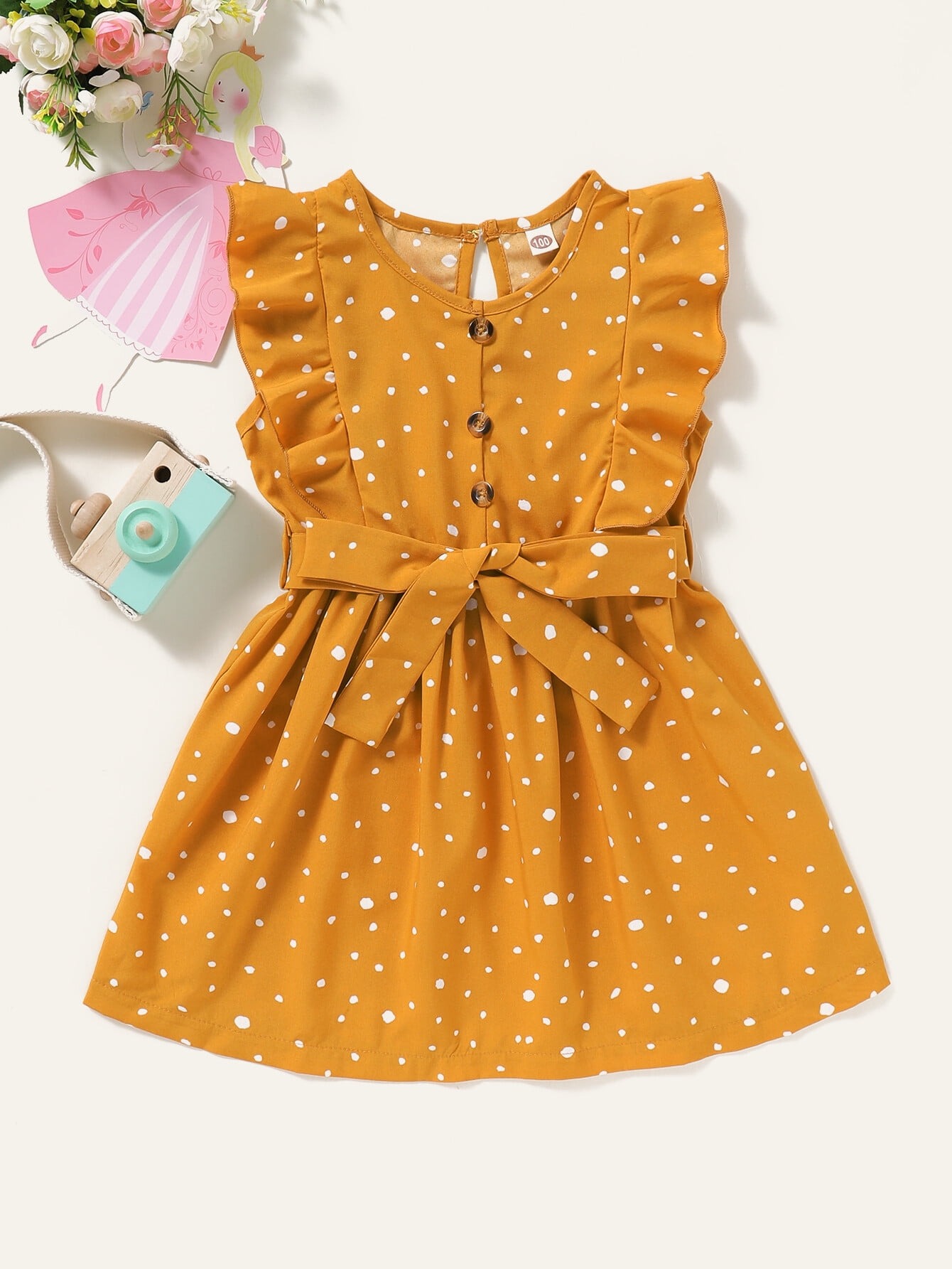 Baby Girl Polka Dots Yellow Belted Sleeveless Cami Jumpsuit
