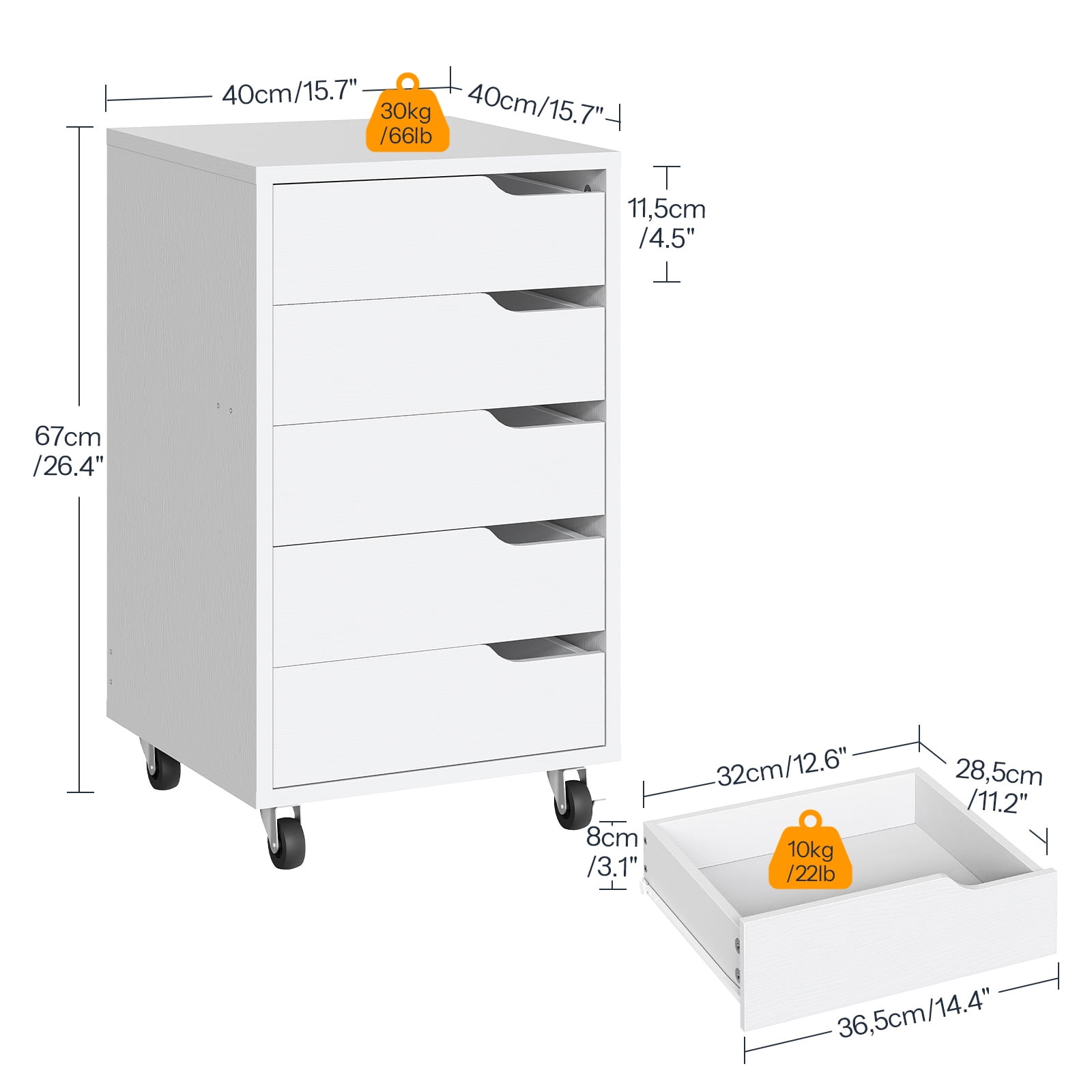 5-Drawer Mobile File Cabinet with 4 Casters (2 Lockable), No-Handle Rolling Storage Cabinet, Compact Filing Organizer for Office, Living Room, Bedroom,White