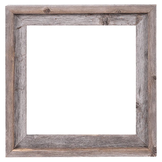 12x12 – 2-inch wide signature reclaimed rustic barnwood open frame with no glass or back. Made from 100% reclaimed wood, featuring natural imperfections such as nail holes and knots. The frame has a weathered grey finish, ideal for wall frames, and is crafted in the USA.