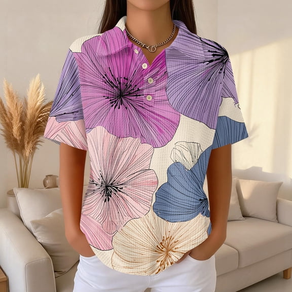 Plus Size Women Waffle Knit Fall Tops Hawaiian Button Down Shirts for Women Polo Shirts Long Sleeve V Neck Loose Fit Tun