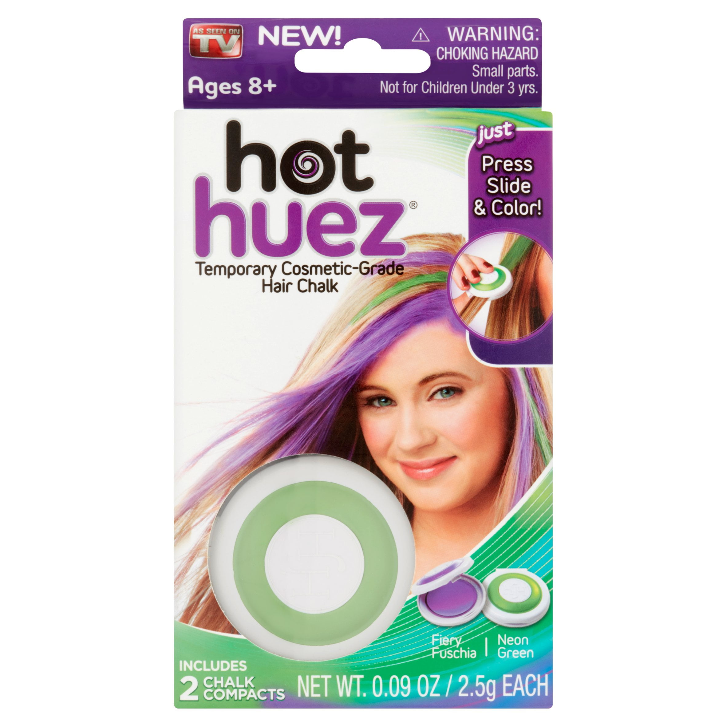 Hot Huez Temporary Hair Coloring Chalk, Set of 2 Compacts, Fiery Fuschia &  Neon Green 