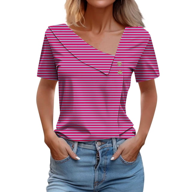 Camisetas de Manga Corta para las Mujeres a Cuadros Impreso Botón Casual Camiseta, Camisetas de Mujer Casual para Primavera Verano