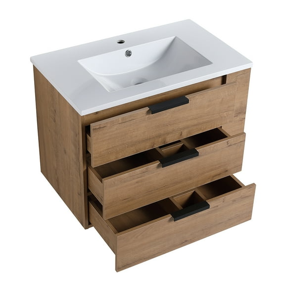 Bathroom Vanity with Sink, 30" Bathroom Washstand with Single Sink Vanity Combo, Wall Mounted Maple Vanity with Drawers