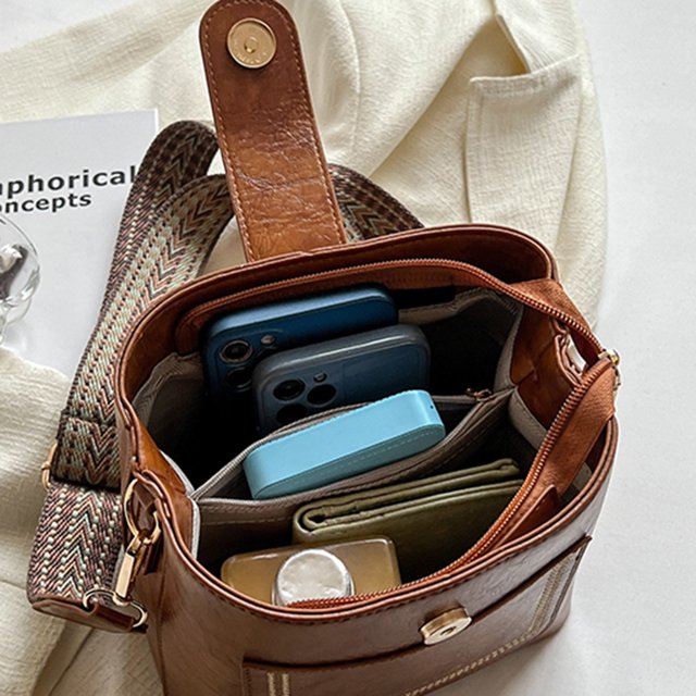 Bolso tipo cubo para mujer, bolsos casuales de cuero PU, bolsos de hombro de viaje de gran capacidad