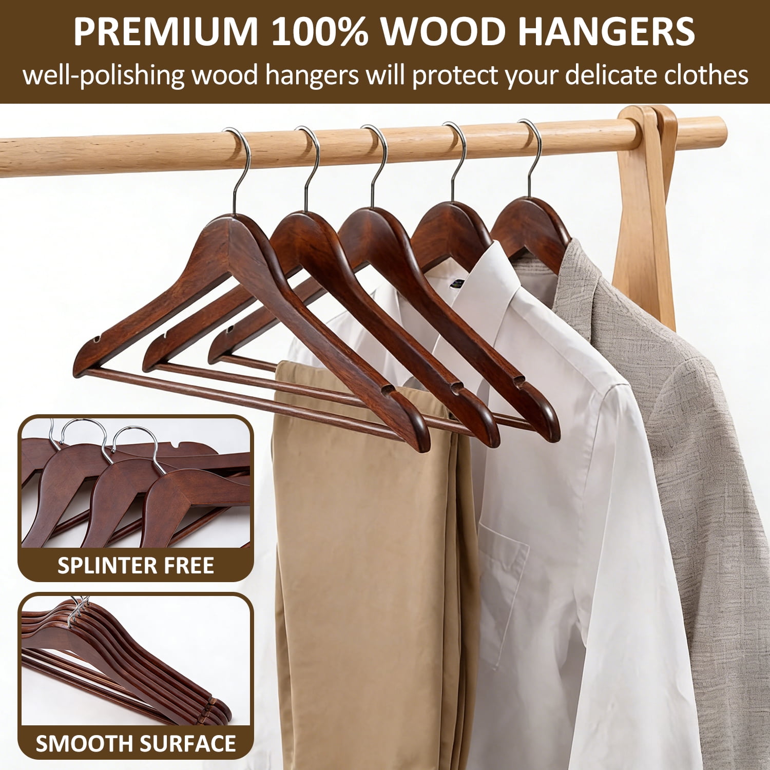 BagDream Wooden Coat Hangers 20 Pack Walnut Wood Suit Clothes Hangers with Non Slip Pant Bar & 360° Swivel Hook