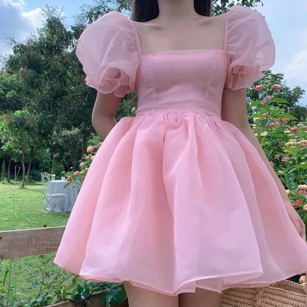 Mini vestidos de graduación con mangas abullonadas y cuello cuadrado, vestido de fiesta sin espalda con corte en A, color rosa claro, vestidos de baile de cumpleaños para niña encantadora