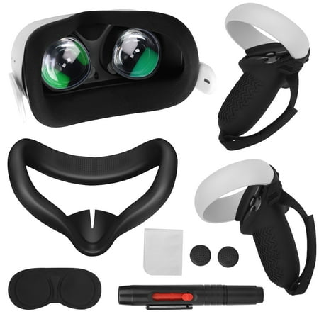 Accessories Set for Oculus Quest 2, EEEkit 8-in-1 Silicone Face Cover & Lens Cleaning Kit Fit for Quest 2 VR Headset with Controller Grip Covers, Lens Protector Cover, Cleaning Pen, Key Caps - Black