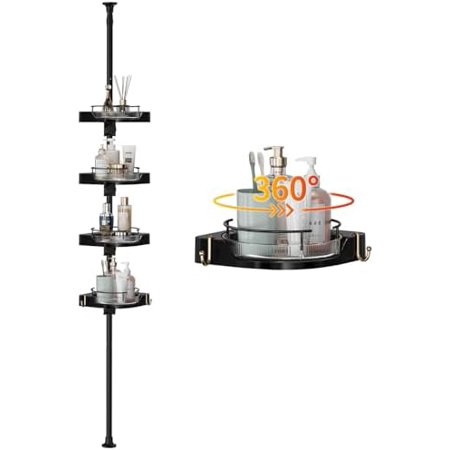 Shower Caddy Tension Pole with 4 L-Lazy Susan Organizer 360 Rotating 35-128 Inch No Drilling Floor Standing Shelves Adjustable Shower Rack for Bathroom Corner (Black) Shower Caddy Tension Pole with 4 L-Lazy Susan Organizer 360 Rotating 35-128 Inch No Drilling Floor Standing Shelves Adjustable Shower Rack for Bathroom Corner (Black)