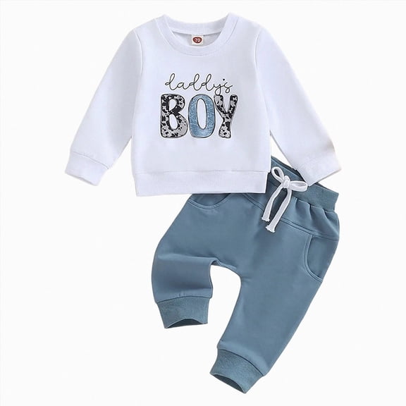 NOLDARES Toddler Boy Fall Winter Outfits 2pcs Clothes Set Print Long Sleeve Pullover Sweatshirt Joggers Pants Casual Clothing(Blue,18M/90)