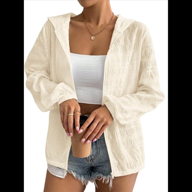 Chaqueta Ligera con Capucha y Cremallera para Mujer, Informal, de Otoño, de Larga, Color Liso, para Exteriores Albaricoque L